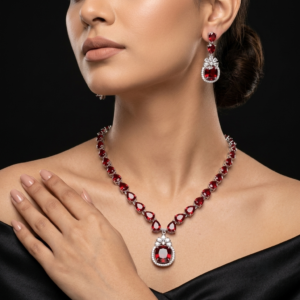Jewel Wala American Diamond Rhodium Plated Red Stone Necklace Set