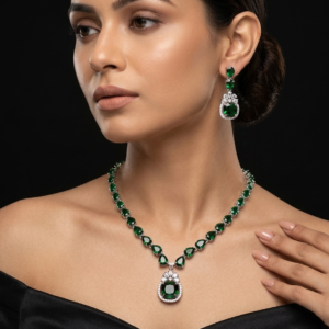 Jewel Wala American Diamond Rhodium Plated Green Stone Necklace Set