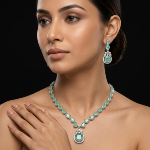 Jewel Wala American Diamond Rhodium Plated Mint Green Stone Necklace Set