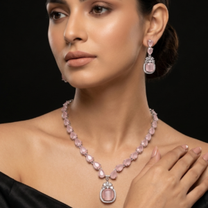Jewel Wala American Diamond Rhodium Plated Pink Stone Necklace Set