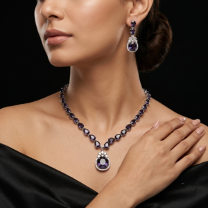 Jewel Wala American Diamond Rhodium Plated Purple Stone Necklace Set