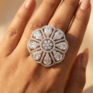 Jewel Wala Premium American Diamond Rhodium Plated Adjustable Finger Ring