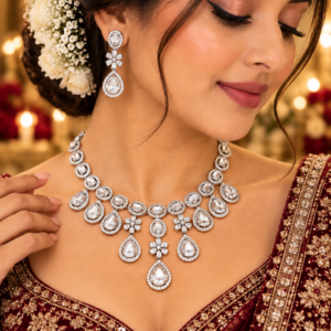 Jewel Wala Elegant American Diamond Rhodium Plated White Stone Necklace Set
