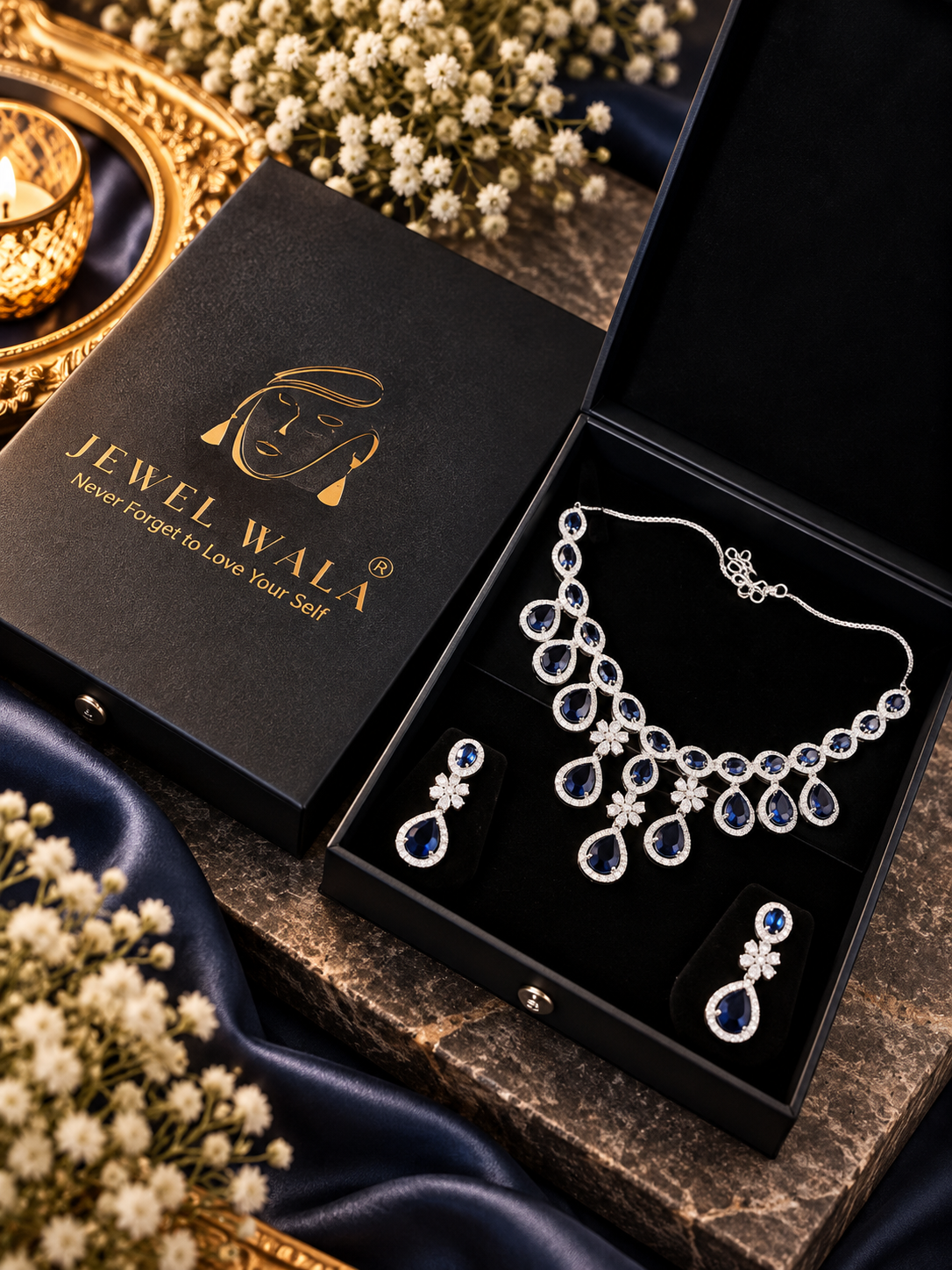 Jewel Wala American Diamond Rhodium Plated Blue Stone Necklace Set - Image 2