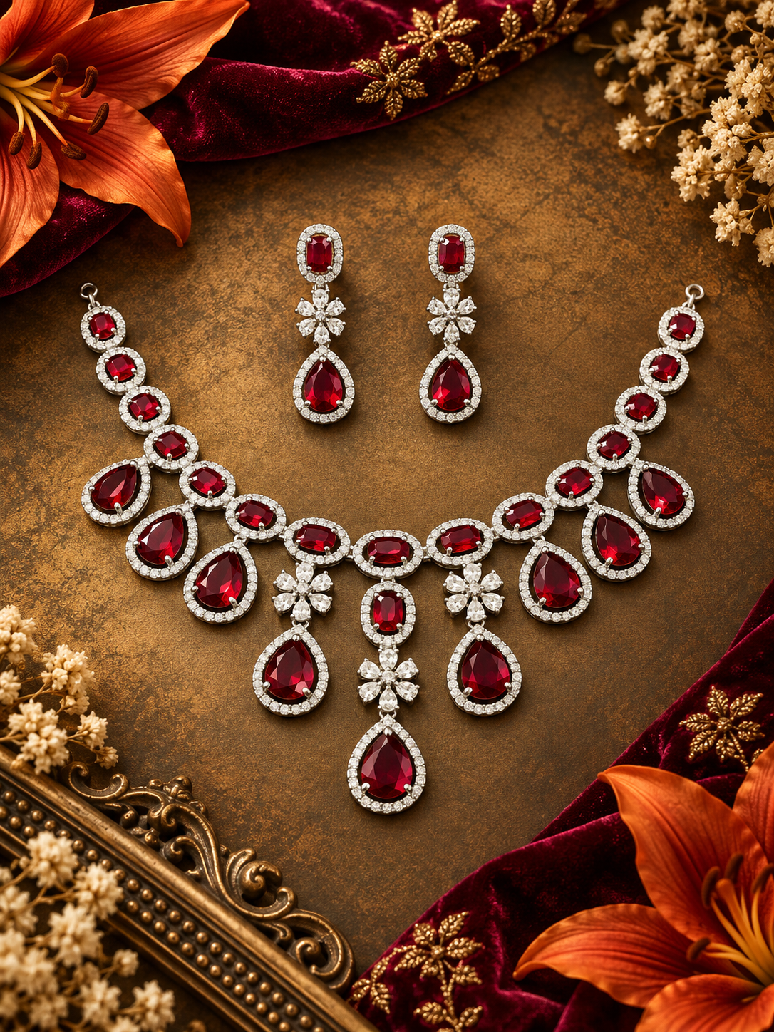 Jewel Wala American Diamond Rhodium Plated Red Stone Necklace Set - Image 3