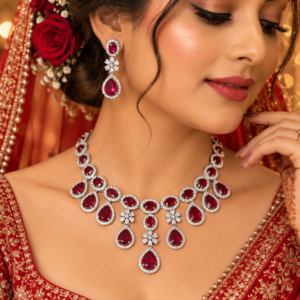 Jewel Wala American Diamond Rhodium Plated Red Stone Necklace Set