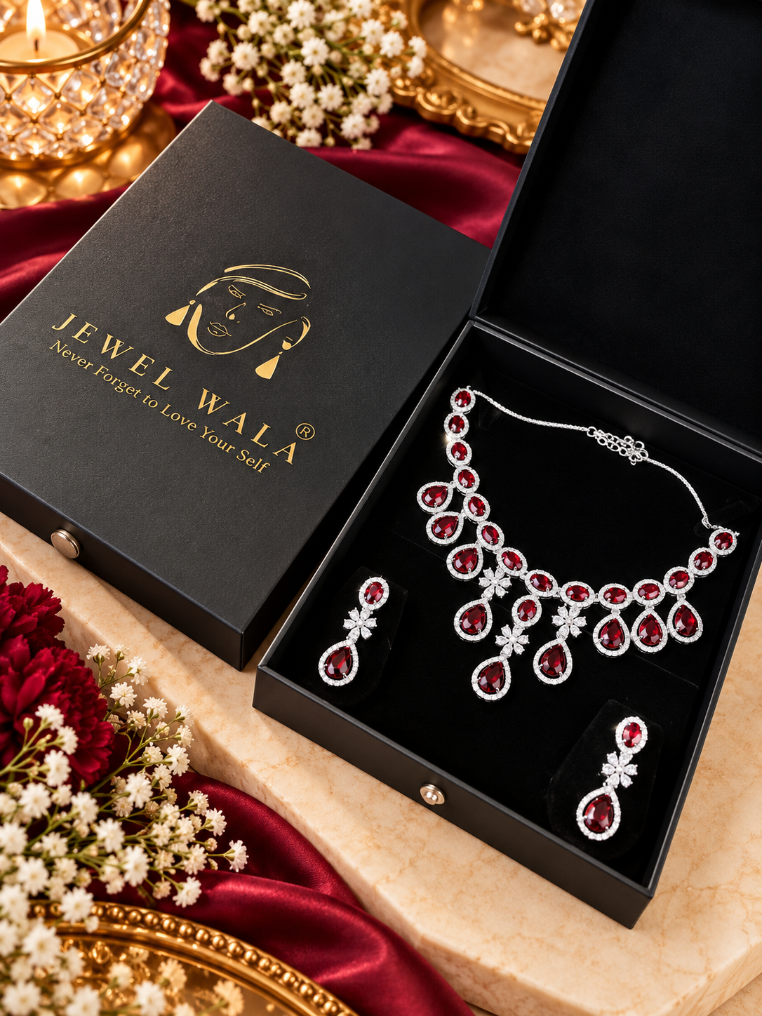 Jewel Wala American Diamond Rhodium Plated Red Stone Necklace Set - Image 2