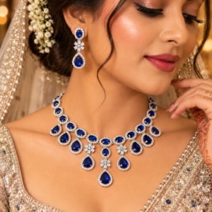 Jewel Wala American Diamond Rhodium Plated Blue Stone Necklace Set