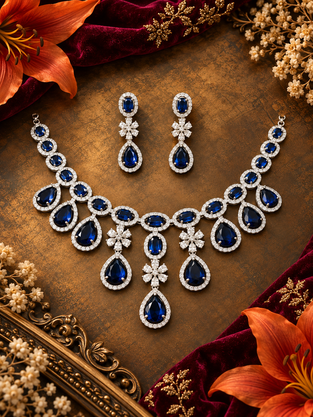 Jewel Wala American Diamond Rhodium Plated Blue Stone Necklace Set - Image 3