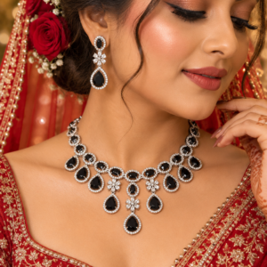 Jewel Wala American Diamond Rhodium Plated Black Stone Necklace Set