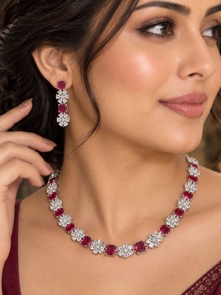Jewel Wala Elegant American Diamond Rhodium Plated Necklace Set